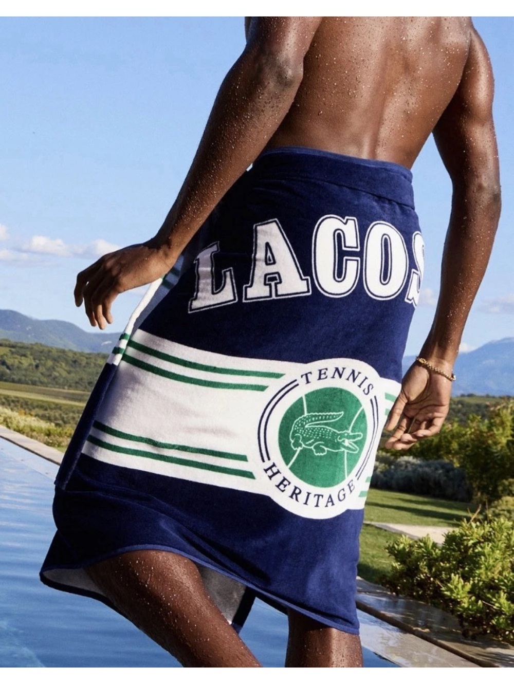 New Lacoste alligator Blue Green Tennis Heritage stripe beach towel.